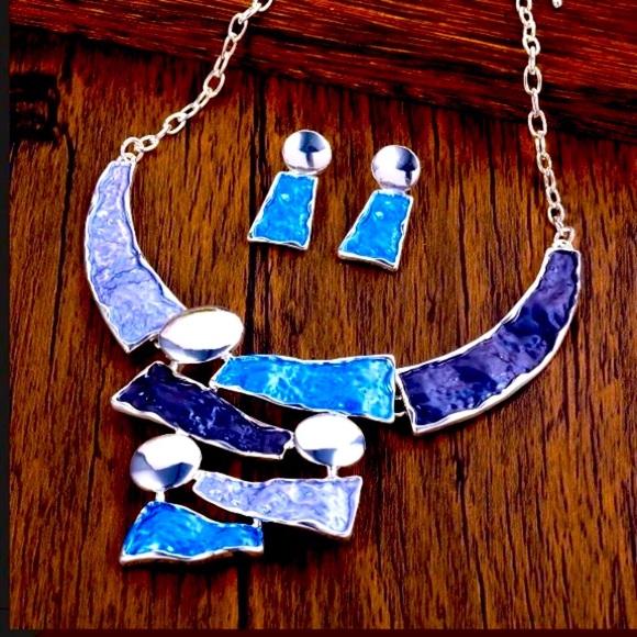 Geometric Zinc Alloy Hollow-Out Colorblock Oil-Drip Necklace & Earrings, NWOT - Picture 1 of 6